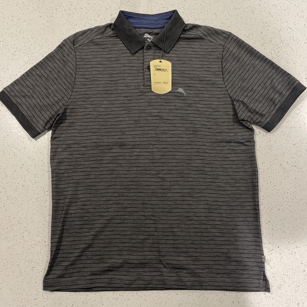 Tommy Bahama Men`s Polo Shirt Size S  Striped Coal Short Sleeve Gray NWT‎